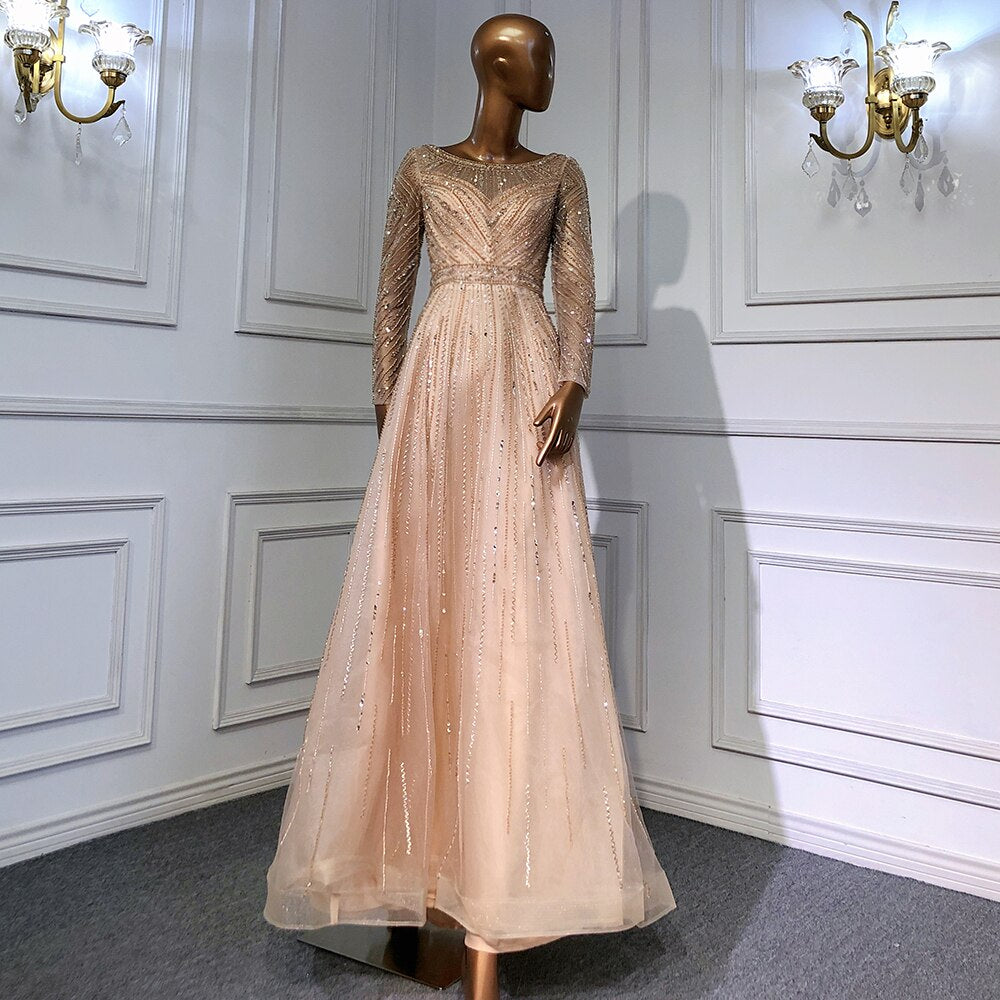 On Sale no return no refund Gold Mermaid Elegant Long Sleeves O-Neck Evening Dresses Gowns Luxury Beaded 2025 For Woman Party LA71635