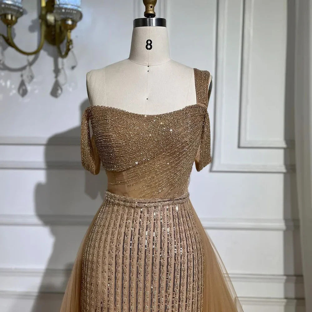 Gold Meerjungfrau Elegant Eine Schulter Überrock Perlen Luxus Abendkleider Kleider 2025 Für Frauen Hochzeit Party LA72453 