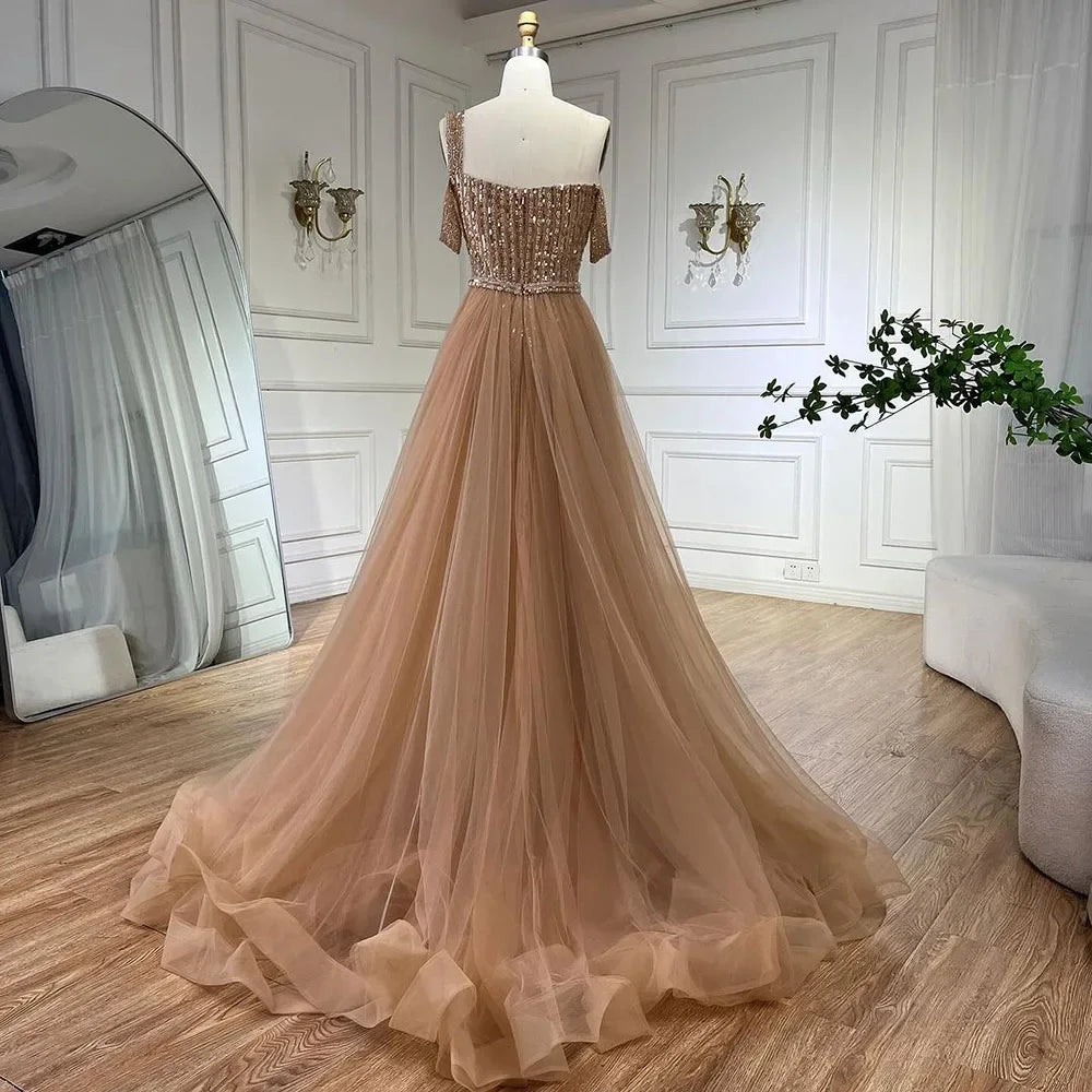 Gold Meerjungfrau Elegant Eine Schulter Überrock Perlen Luxus Abendkleider Kleider 2025 Für Frauen Hochzeit Party LA72453 