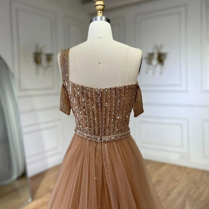 Elegante vestido de noche de sirena dorado con un hombro al descubierto y cuentas, de lujo, para mujer, boda, fiesta, LA72453 