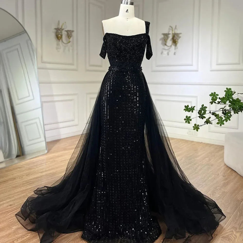 Gold Meerjungfrau Elegant Eine Schulter Überrock Perlen Luxus Abendkleider Kleider 2025 Für Frauen Hochzeit Party LA72453 