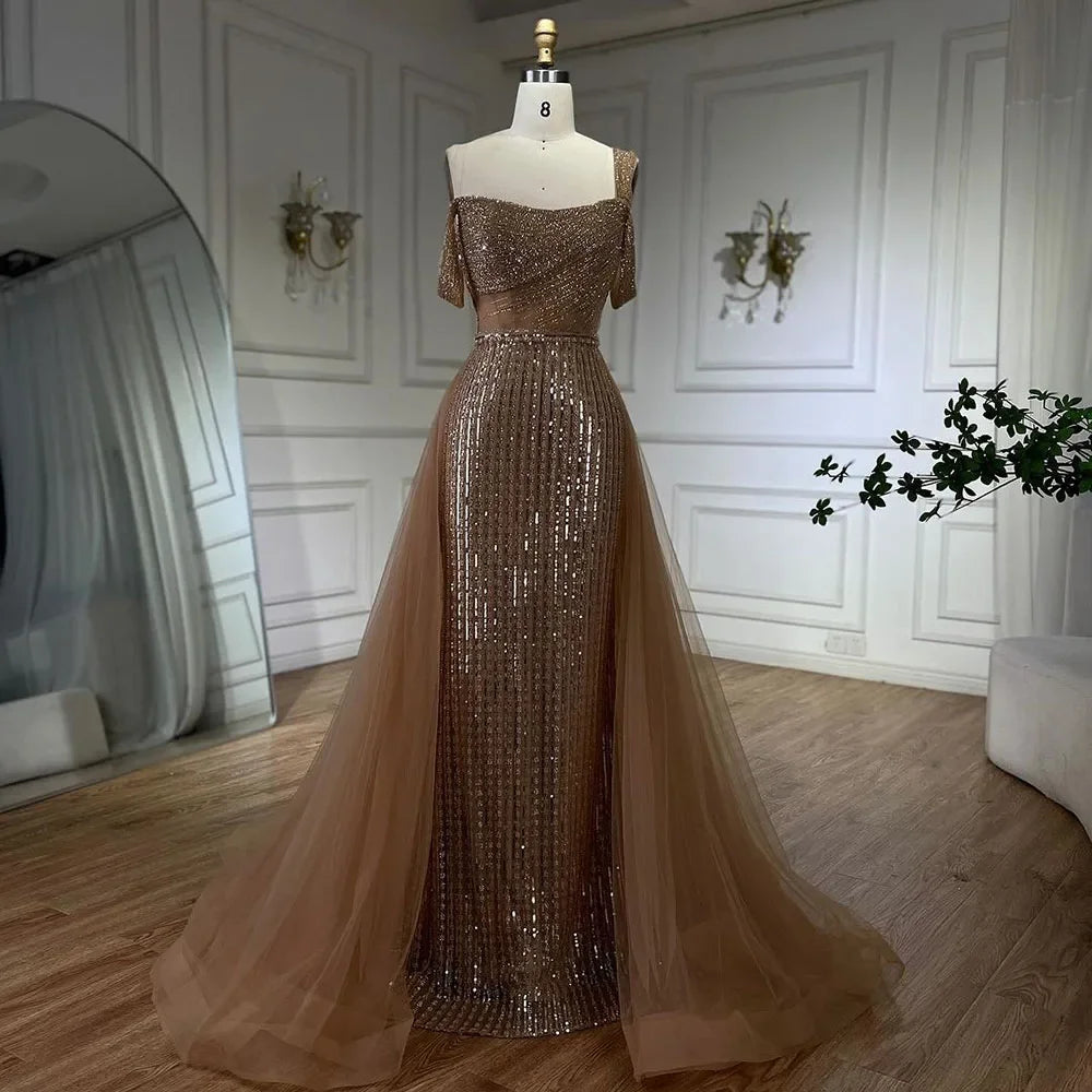 Gold Meerjungfrau Elegant Eine Schulter Überrock Perlen Luxus Abendkleider Kleider 2025 Für Frauen Hochzeit Party LA72453 
