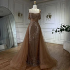 Gold Meerjungfrau Elegant Eine Schulter Überrock Perlen Luxus Abendkleider Kleider 2025 Für Frauen Hochzeit Party LA72453 