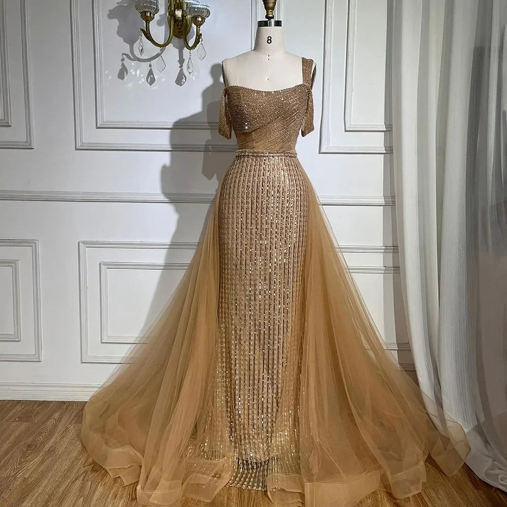 Gold Meerjungfrau Elegant Eine Schulter Überrock Perlen Luxus Abendkleider Kleider 2025 Für Frauen Hochzeit Party LA72453 