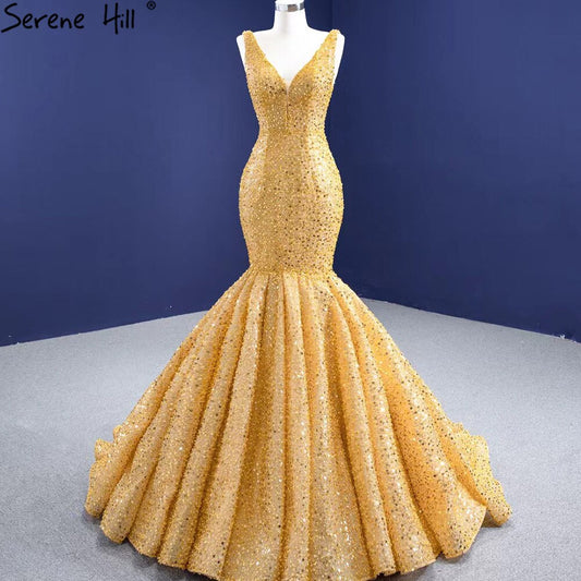 Vestido de noche elegante de lujo con encaje y sirena dorada, con cuentas, para mujer, fiesta, HM67290 