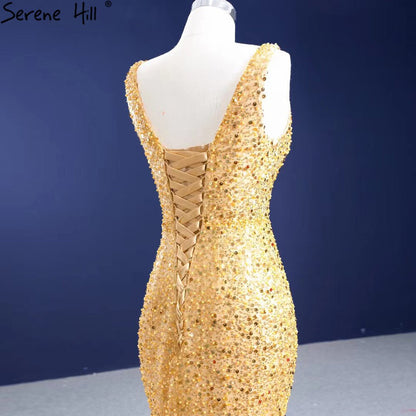 Vestido de noche elegante de lujo con encaje y sirena dorada, con cuentas, para mujer, fiesta, HM67290 