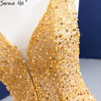 Vestido de noche elegante de lujo con encaje y sirena dorada, con cuentas, para mujer, fiesta, HM67290 