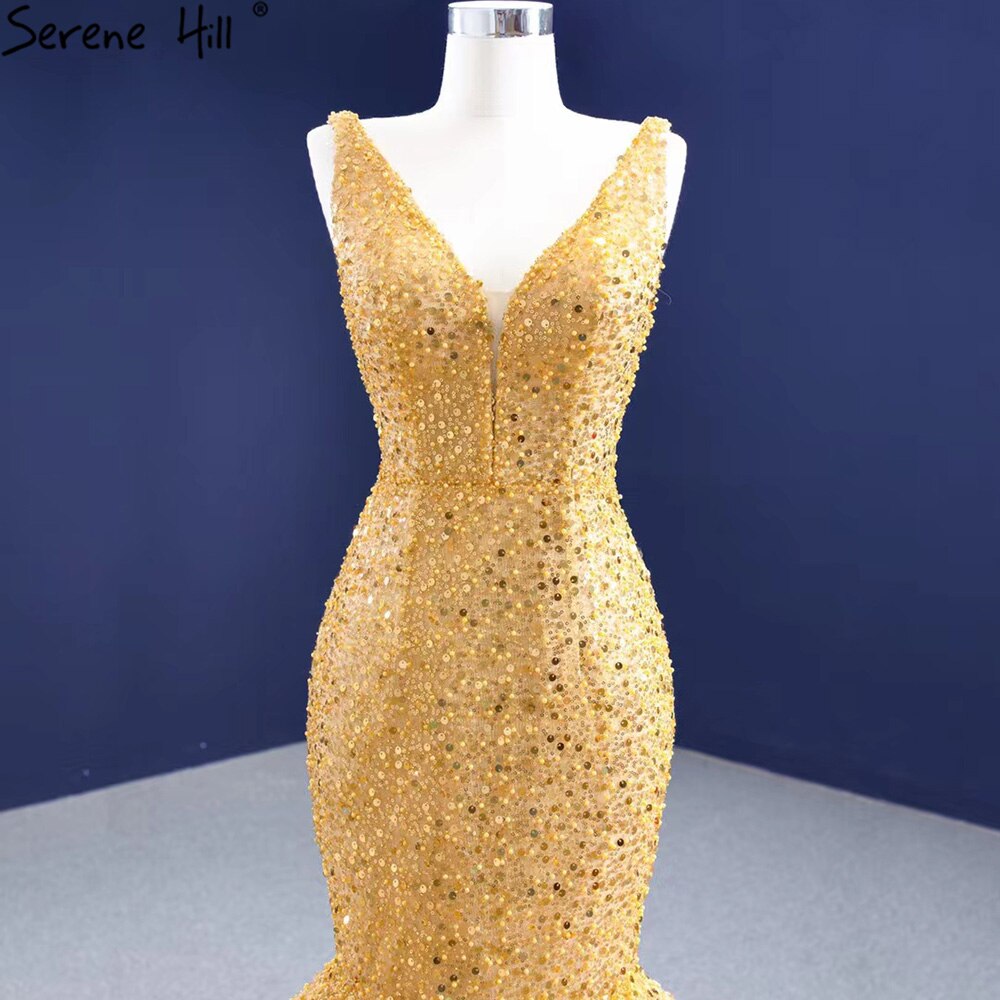 Vestido de noche elegante de lujo con encaje y sirena dorada, con cuentas, para mujer, fiesta, HM67290 