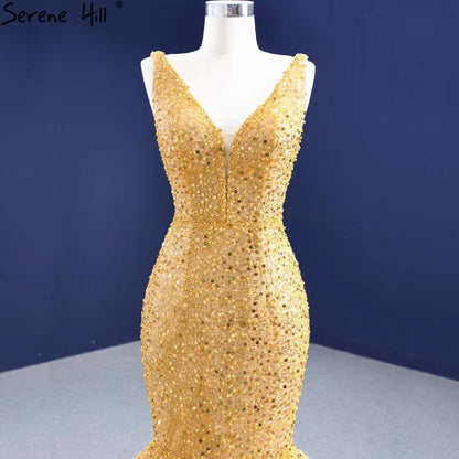 Vestido de noche elegante de lujo con encaje y sirena dorada, con cuentas, para mujer, fiesta, HM67290 