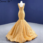 Vestido de noche elegante de lujo con encaje y sirena dorada, con cuentas, para mujer, fiesta, HM67290 