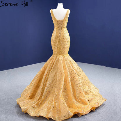 Vestido de noche elegante de lujo con encaje y sirena dorada, con cuentas, para mujer, fiesta, HM67290 