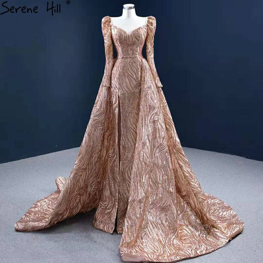 Vestidos de noche de lujo con corte sirena dorado, elegantes y sexys, con cola, para mujer, para fiestas, HM67208 