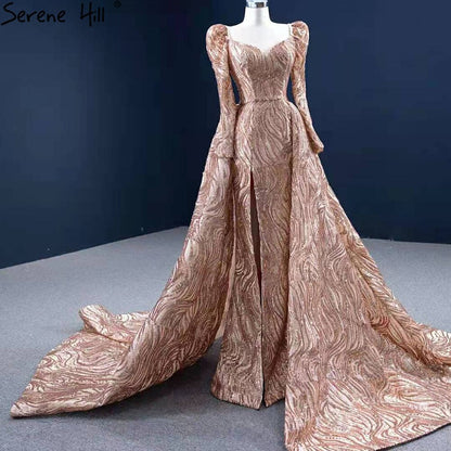 Vestidos de noche de lujo con corte sirena dorado, elegantes y sexys, con cola, para mujer, para fiestas, HM67208 