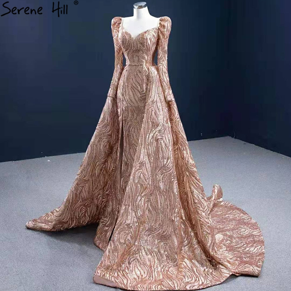 Vestidos de noche de lujo con corte sirena dorado, elegantes y sexys, con cola, para mujer, para fiestas, HM67208 