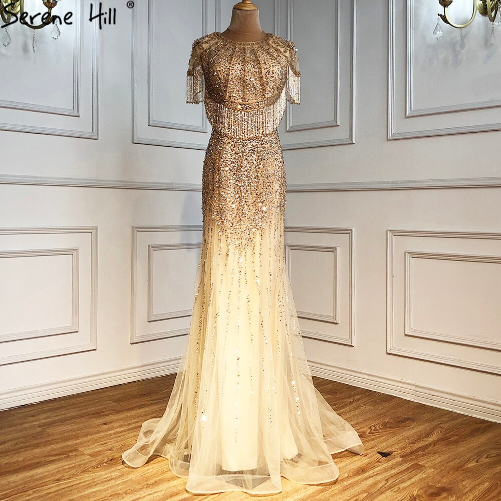 Vestidos de noche de lujo con sirena dorada, con borlas y cuentas, elegantes para mujer, para bodas y fiestas, LA70051 