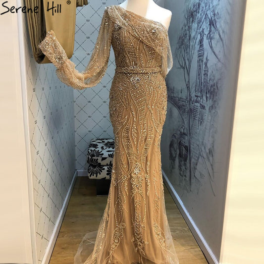 Vestidos de noche de lujo con corte sirena dorados, elegantes vestidos de noche con cuentas y un solo hombro para mujer, fiesta LA71218 