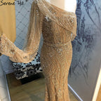 Vestidos de noche de lujo con corte sirena dorados, elegantes vestidos de noche con cuentas y un solo hombro para mujer, fiesta LA71218 
