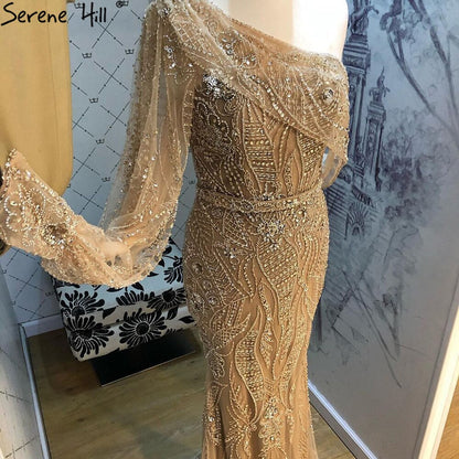 Vestidos de noche de lujo con corte sirena dorados, elegantes vestidos de noche con cuentas y un solo hombro para mujer, fiesta LA71218 