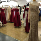 Vestidos de noche de lujo con corte sirena dorados, elegantes vestidos de noche con cuentas y un solo hombro para mujer, fiesta LA71218 
