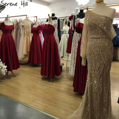 Vestidos de noche de lujo con corte sirena dorados, elegantes vestidos de noche con cuentas y un solo hombro para mujer, fiesta LA71218 