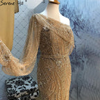 Vestidos de noche de lujo con corte sirena dorados, elegantes vestidos de noche con cuentas y un solo hombro para mujer, fiesta LA71218 