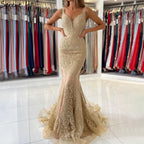 Vestidos de noche de lujo con corte sirena dorado, 2025, encaje con cuentas, elegantes para mujer, fiesta LA71348 