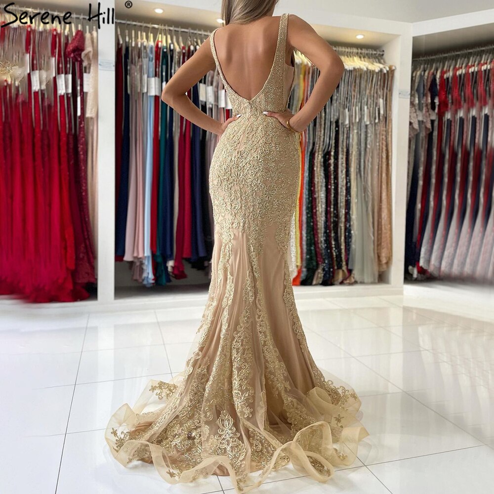 Vestidos de noche de lujo con corte sirena dorado, 2025, encaje con cuentas, elegantes para mujer, fiesta LA71348 