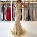Vestidos de noche de lujo con corte sirena dorado, 2025, encaje con cuentas, elegantes para mujer, fiesta LA71348 
