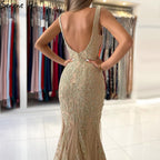 Vestidos de noche de lujo con corte sirena dorado, 2025, encaje con cuentas, elegantes para mujer, fiesta LA71348 