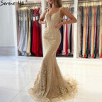 Vestidos de noche de lujo con corte sirena dorado, 2025, encaje con cuentas, elegantes para mujer, fiesta LA71348 