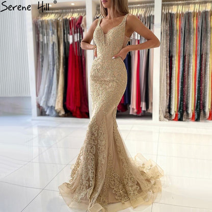 Vestidos de noche de lujo con corte sirena dorado, 2025, encaje con cuentas, elegantes para mujer, fiesta LA71348 