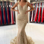 Vestidos de noche de lujo con corte sirena dorado, 2025, encaje con cuentas, elegantes para mujer, fiesta LA71348 