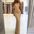 Vestido de noche sexy de sirena dorada, estilo Dubái, de un solo hombro, de lujo, con cuentas y brillo, vestido formal LA70723 