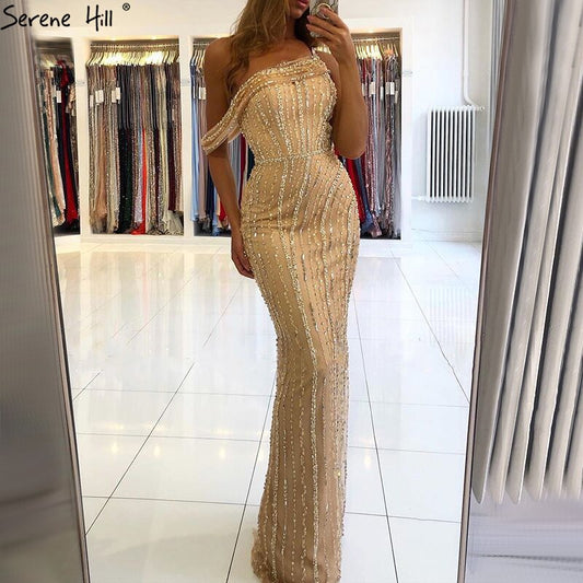Vestido de noche sexy de sirena dorada, estilo Dubái, de un solo hombro, de lujo, con cuentas y brillo, vestido formal LA70723 