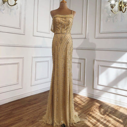 Vestido de noche sexy de sirena dorada, estilo Dubái, de un solo hombro, de lujo, con cuentas y brillo, vestido formal LA70723 