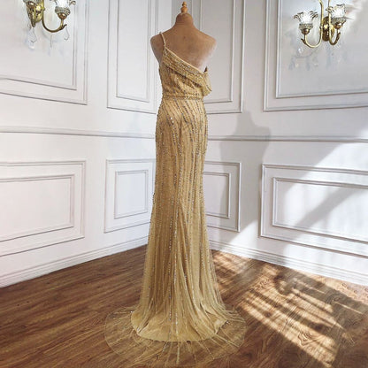 Vestido de noche sexy de sirena dorada, estilo Dubái, de un solo hombro, de lujo, con cuentas y brillo, vestido formal LA70723 