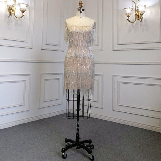Vestido elegante de lujo con borlas y cuentas, estilo sirena dorado, con falda corta y cuello redondo, para mujer, para fiesta, LA71734 