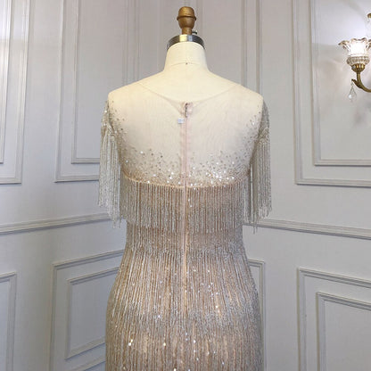 Vestido elegante de lujo con borlas y cuentas, estilo sirena dorado, con falda corta y cuello redondo, para mujer, para fiesta, LA71734 