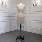 Vestido elegante de lujo con borlas y cuentas, estilo sirena dorado, con falda corta y cuello redondo, para mujer, para fiesta, LA71734 