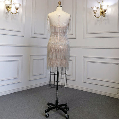 Vestido elegante de lujo con borlas y cuentas, estilo sirena dorado, con falda corta y cuello redondo, para mujer, para fiesta, LA71734 
