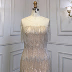 Vestido elegante de lujo con borlas y cuentas, estilo sirena dorado, con falda corta y cuello redondo, para mujer, para fiesta, LA71734 