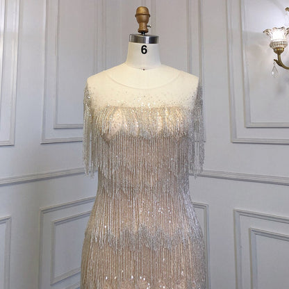 Vestido elegante de lujo con borlas y cuentas, estilo sirena dorado, con falda corta y cuello redondo, para mujer, para fiesta, LA71734 