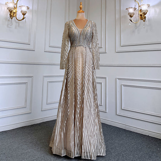 Vestidos de noche musulmanes dorados de corte A con escote en V y mangas largas, de lujo con cuentas 2025 para mujer, fiesta LA71701 