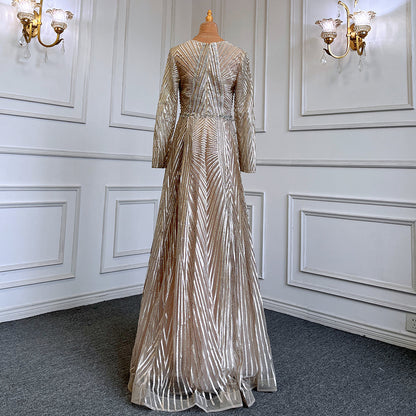 Vestidos de noche musulmanes dorados de corte A con escote en V y mangas largas, de lujo con cuentas 2025 para mujer, fiesta LA71701 