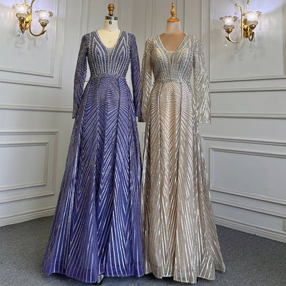 Vestidos de noche musulmanes dorados de corte A con escote en V y mangas largas, de lujo con cuentas 2025 para mujer, fiesta LA71701 