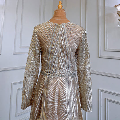 Vestidos de noche musulmanes dorados de corte A con escote en V y mangas largas, de lujo con cuentas 2025 para mujer, fiesta LA71701 