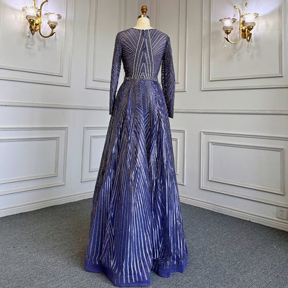Vestidos de noche musulmanes dorados de corte A con escote en V y mangas largas, de lujo con cuentas 2025 para mujer, fiesta LA71701 