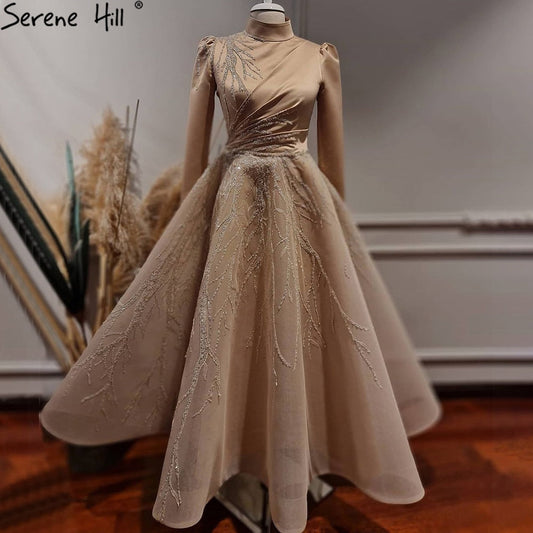 Vestidos de noche musulmanes dorados hasta los tobillos, 2025, con cuentas brillantes, de lujo, para mujer, fiesta, LA71064 