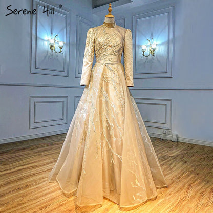 Vestidos de noche musulmanes dorados hasta los tobillos, 2025, con cuentas brillantes, de lujo, para mujer, fiesta, LA71064 