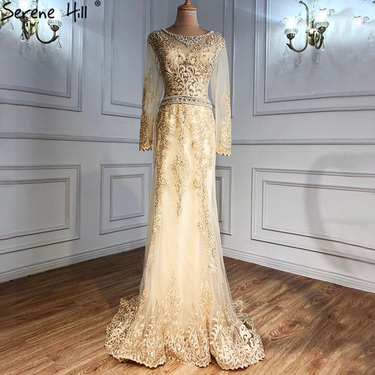 Vestidos de noche musulmanes dorados con cuentas, estilo sirena, elegantes, para mujer, para fiesta de bodas, LA71082 